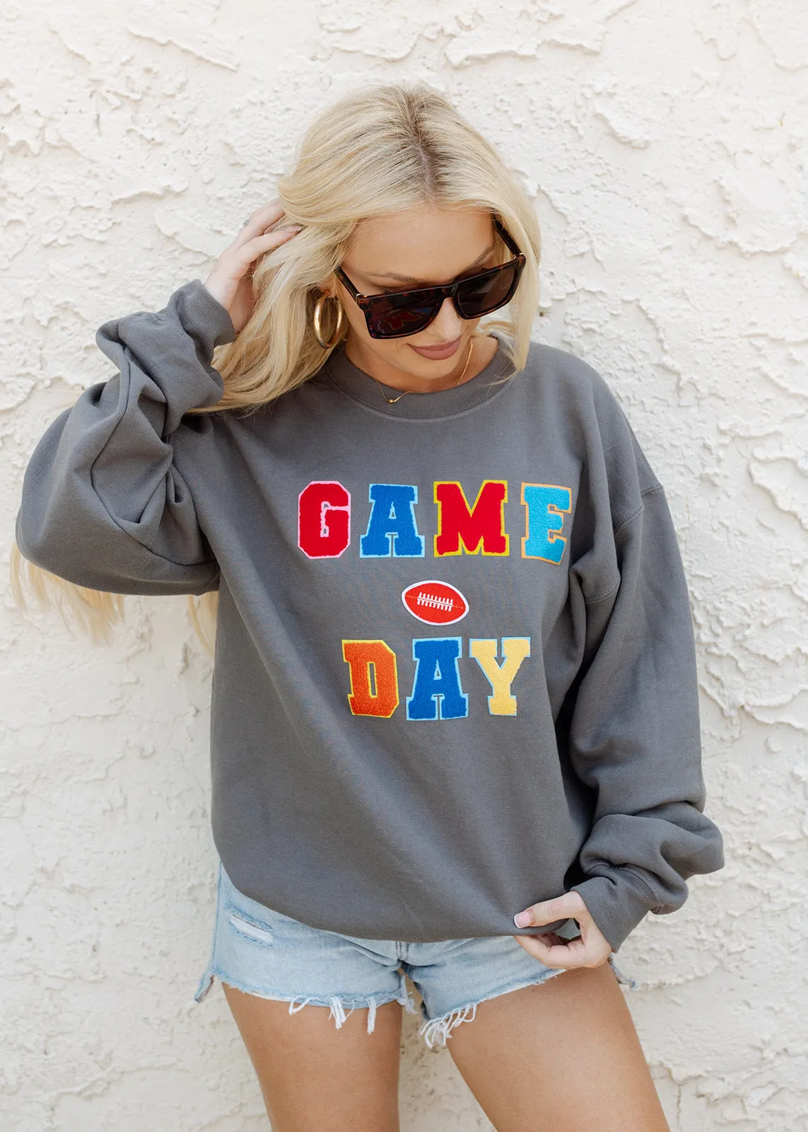 Game Day Colorful Patch Dark Grey Crewneck
