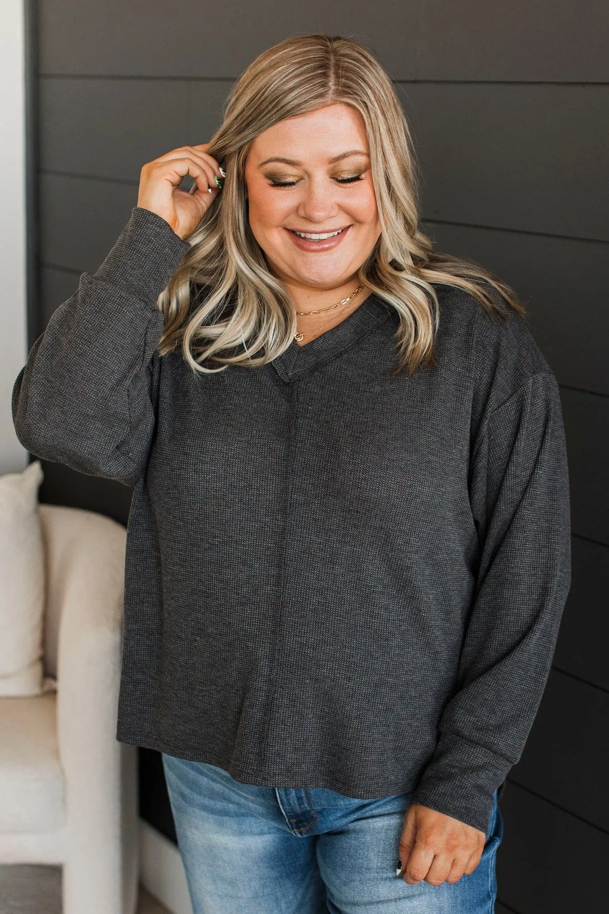 Give A Little Love V-Neck Top- Charcoal