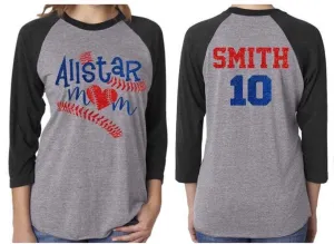 Glitter All Star Baseball Mom Shirt |  3/4 Sleeve Shirt | Customized Baseball Mom Shirt