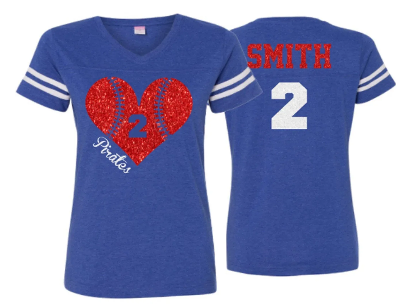 Glitter Baseball Heart Shirt | Vneck Short Sleeve Shirt | Baseball or Softball Shirt | Customize colors | Youth or Adult
