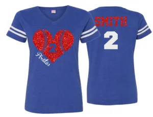 Glitter Baseball Heart Shirt | Vneck Short Sleeve Shirt | Baseball or Softball Shirt | Customize colors | Youth or Adult