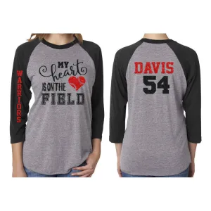 Glitter Baseball Mom Shirt | My Heart is on that field Shirt | 3/4 Sleeve Baseball Shirt | Baseball Mom Shirt | Customized