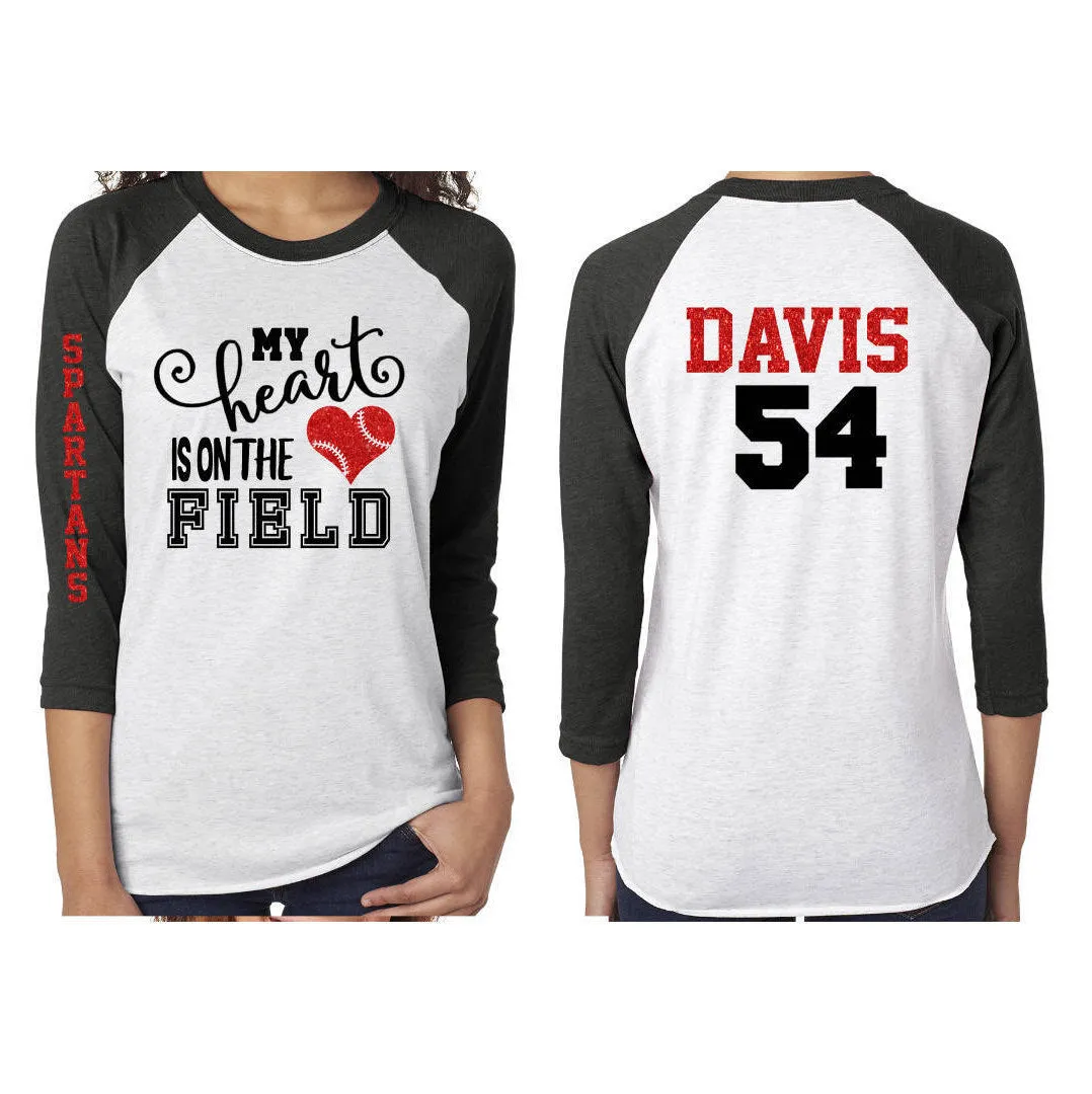 Glitter Baseball Mom Shirt | My Heart is on that field Shirt | 3/4 Sleeve Baseball Shirt | Baseball Mom Shirt | Customized