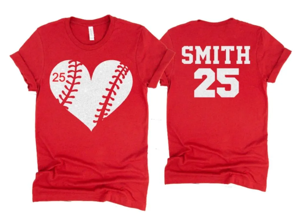 Glitter Baseball Shirt | Baseball Heart Shirt | Short Sleeve Baseball Shirt | Customize Colors