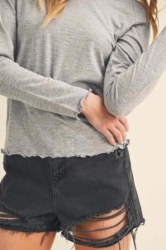 Gray Lettuce Hemline Round Neck Raglan Sleeve T-Shirt