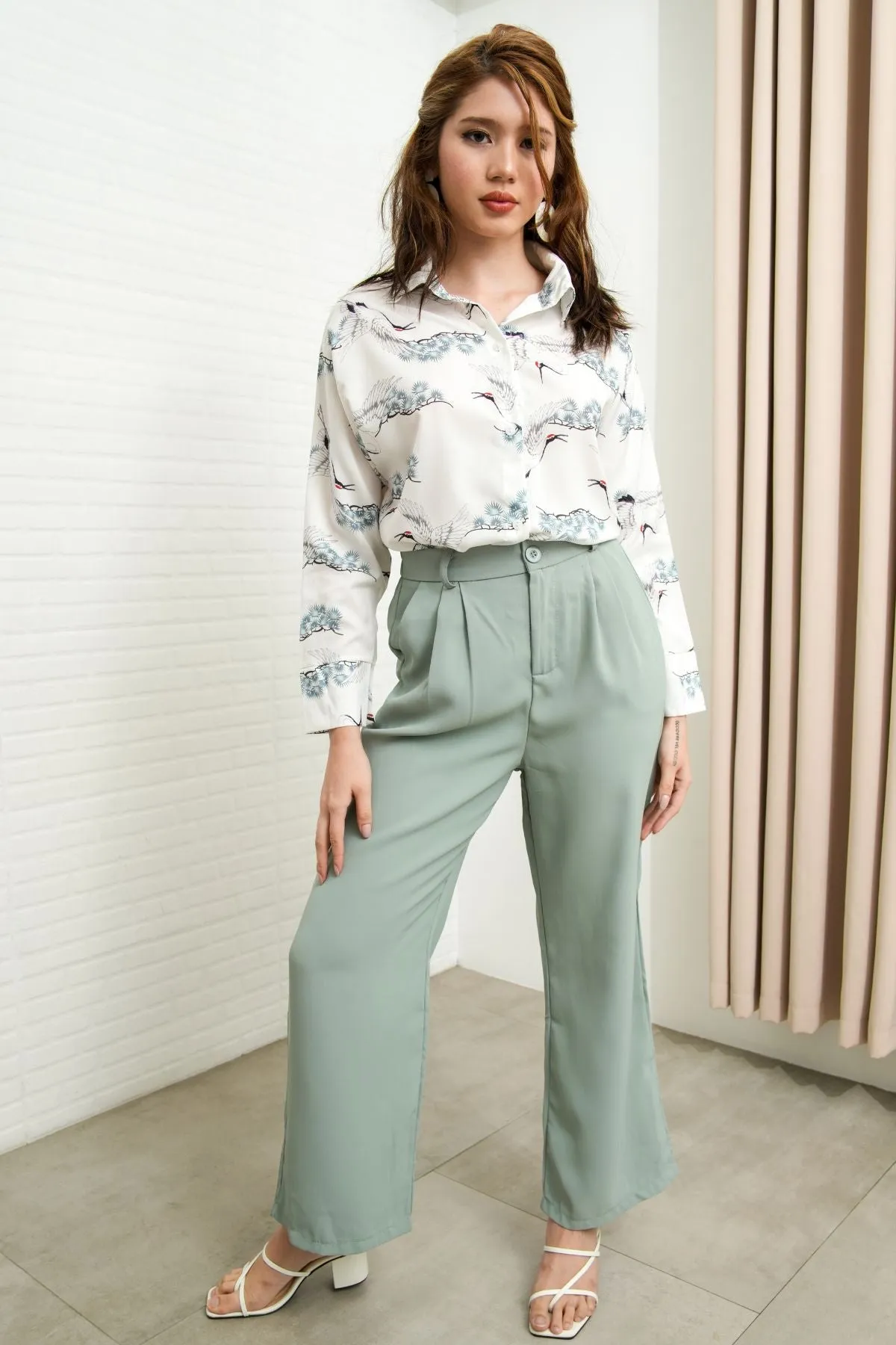 HARVEY High-Waist Tailored Straight Leg Trousers (Sage Green)