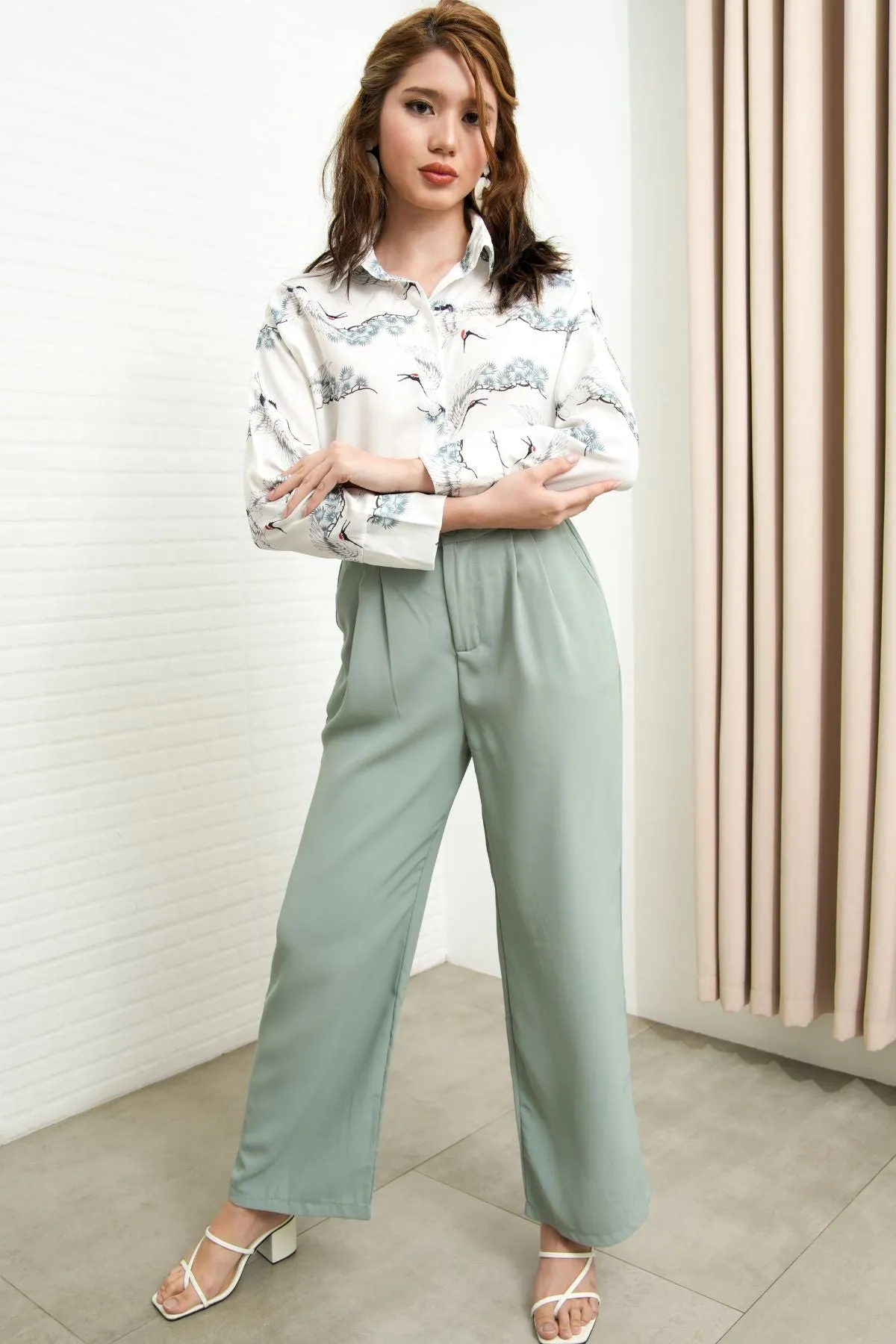 HARVEY High-Waist Tailored Straight Leg Trousers (Sage Green)