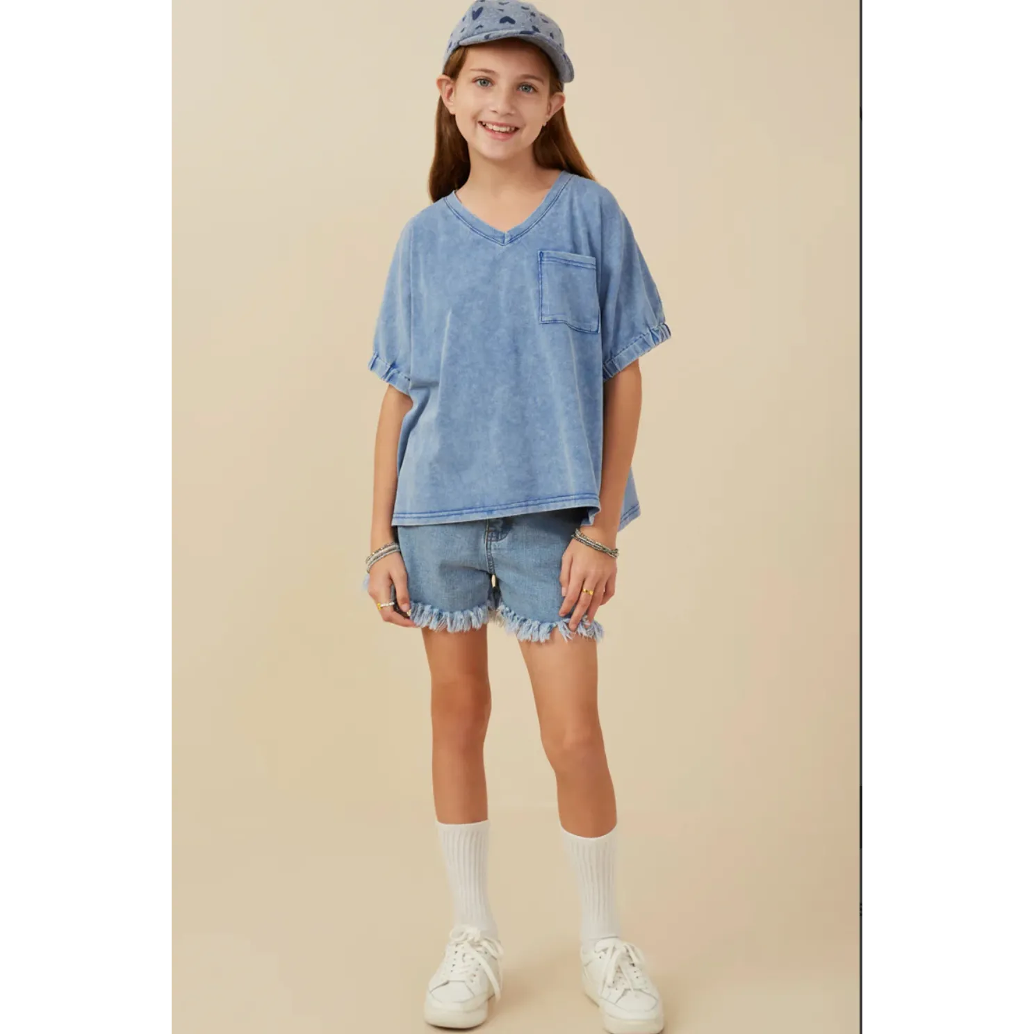 Hayden Girls Garment Washed V Neck Elastic Sleeve T Shirt