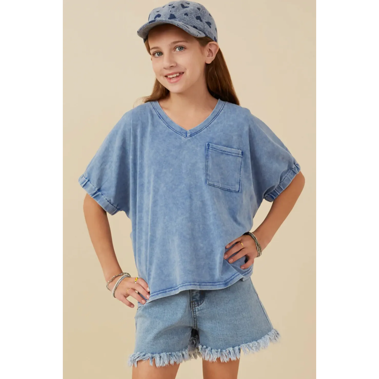 Hayden Girls Garment Washed V Neck Elastic Sleeve T Shirt