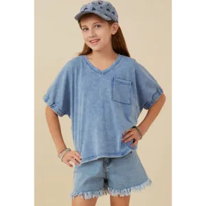 Hayden Girls Garment Washed V Neck Elastic Sleeve T Shirt