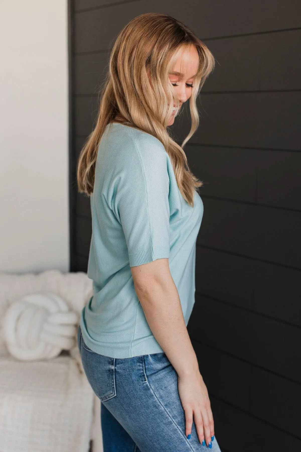 Impressive Charm V-Neck Knit Top- Soft Aqua