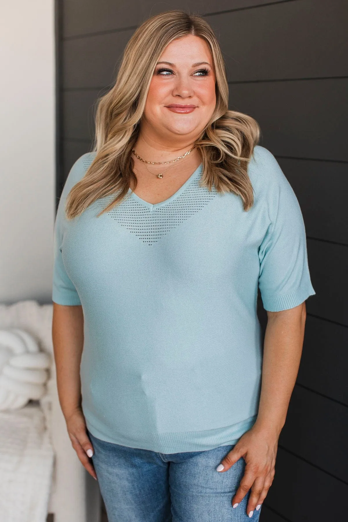 Impressive Charm V-Neck Knit Top- Soft Aqua