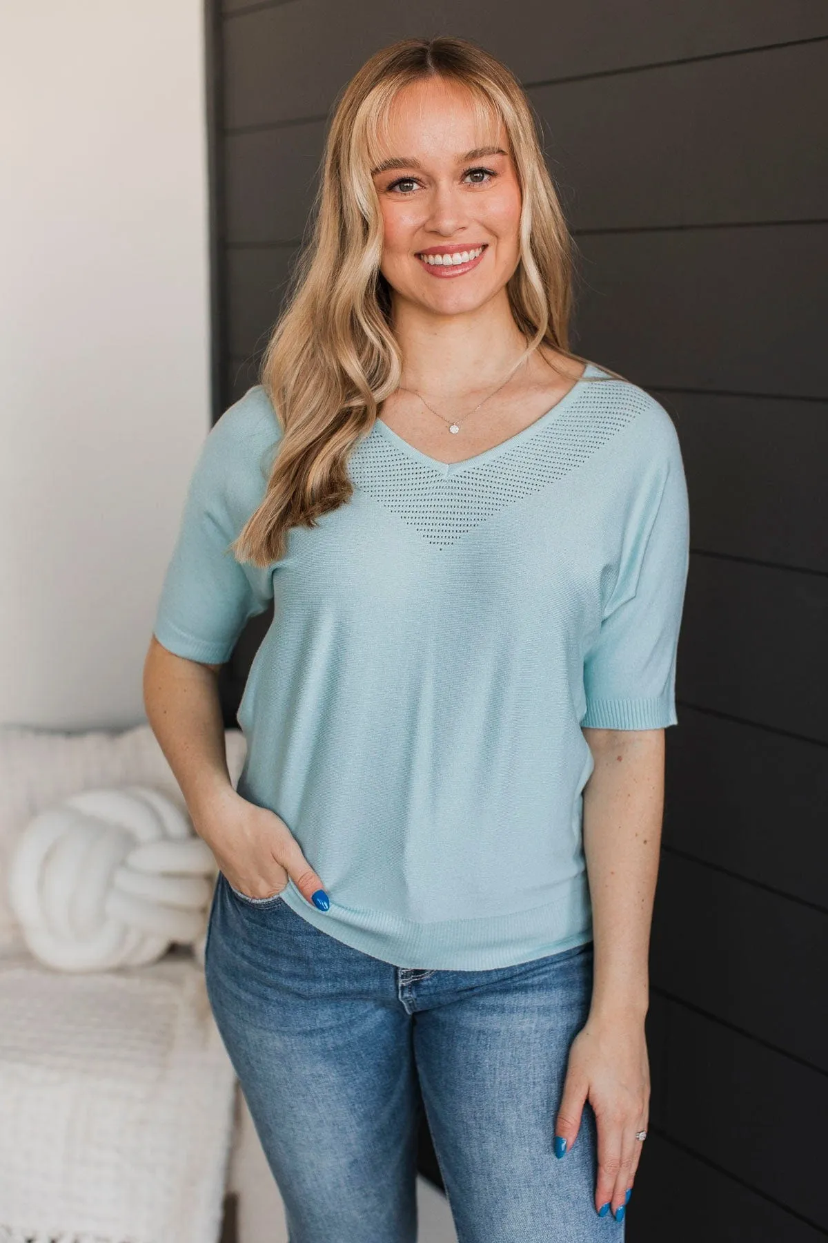 Impressive Charm V-Neck Knit Top- Soft Aqua
