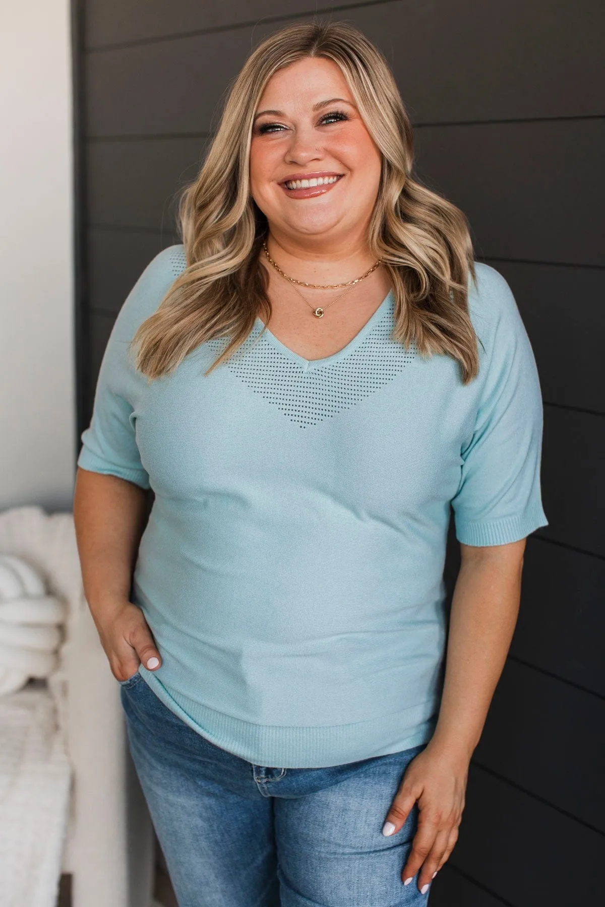 Impressive Charm V-Neck Knit Top- Soft Aqua