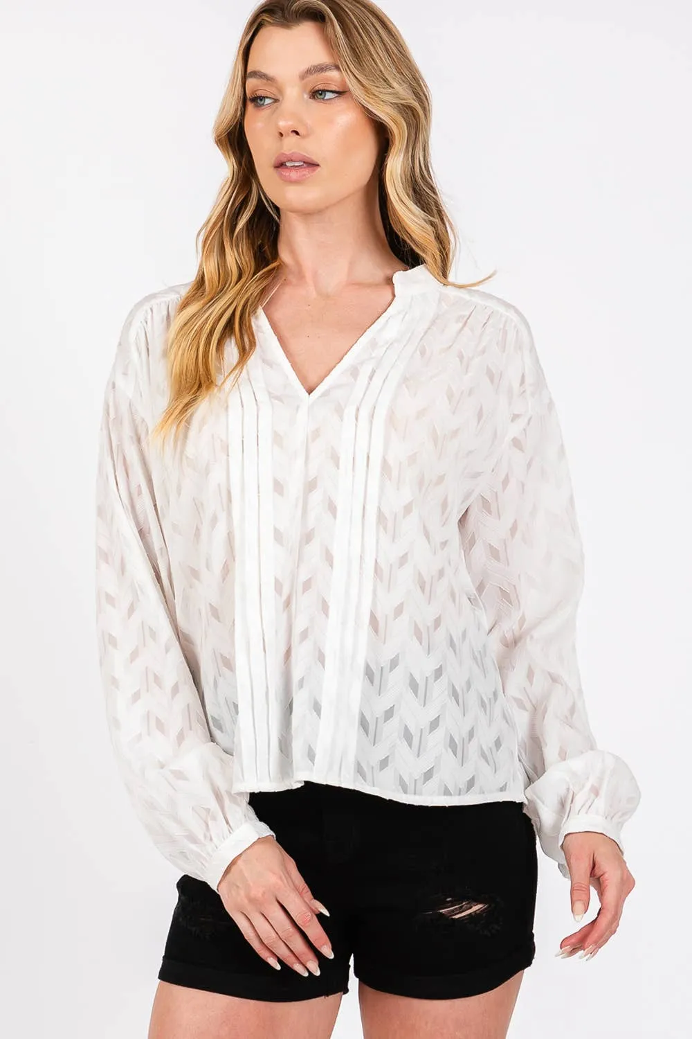 Jacquard V Neck Sage   Fig Shirt: Off White