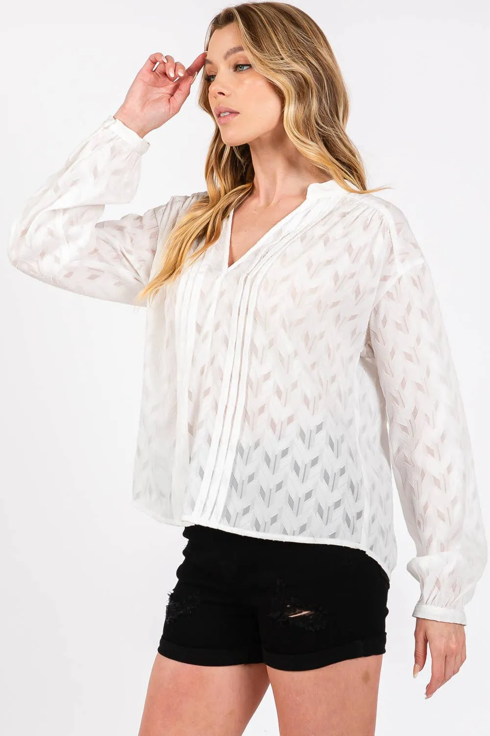 Jacquard V Neck Sage   Fig Shirt: Off White