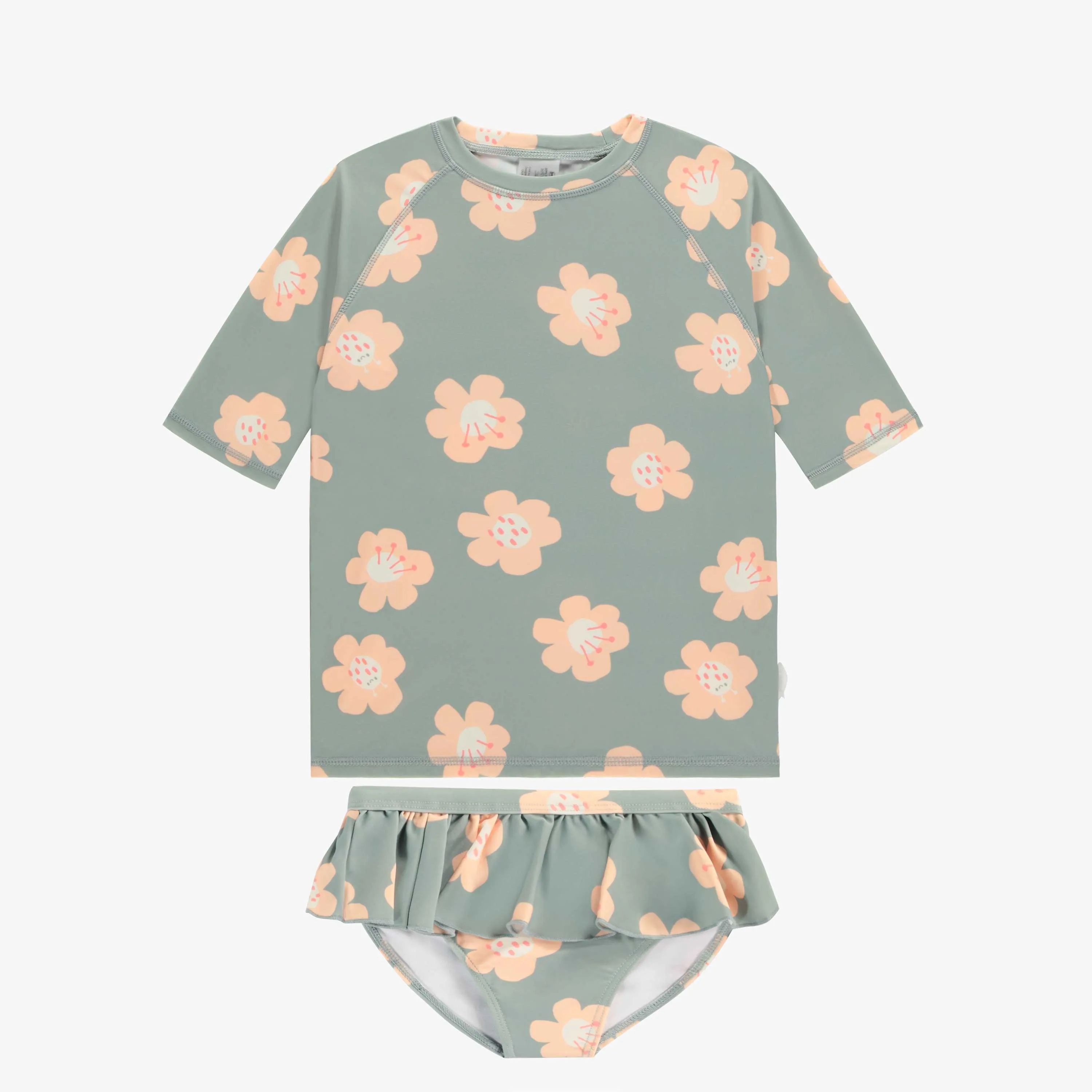 Maillot de bain deux pièces vert fleuri et pêche, enfant || Blue, green and pink two pieces swimsuit with flowery print, child