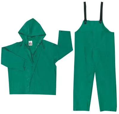 MCR Safety Two-Piece Rain Suit, Jacket w/Hood, Bib Pants, 0.42 mm PVC/Poly, Green, Medium, 3882M