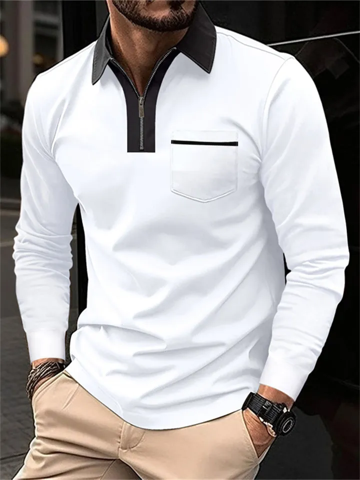 Men's Fall V Neck Long Sleeve Fitted Polo Shirt