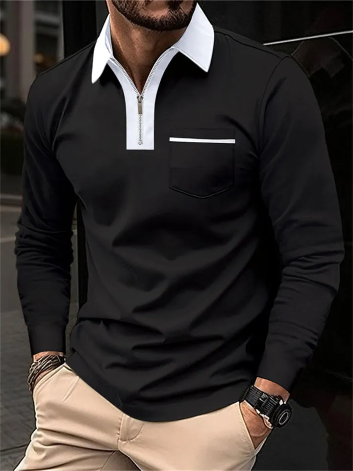 Men's Fall V Neck Long Sleeve Fitted Polo Shirt