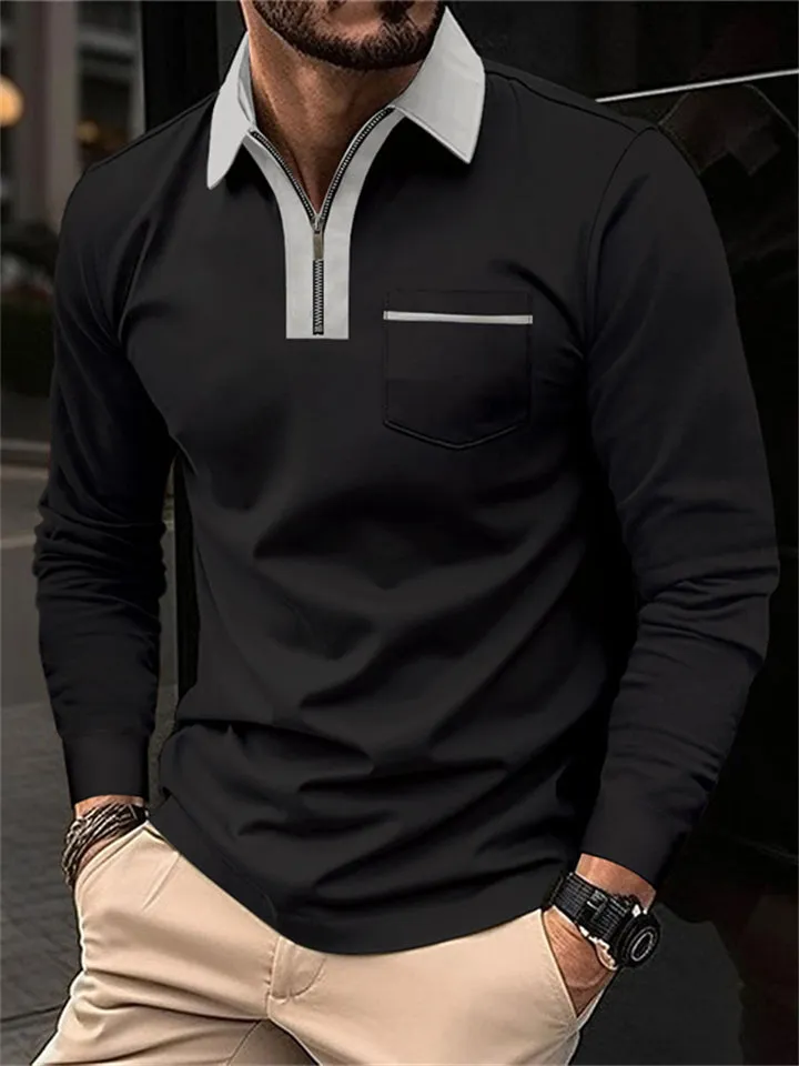 Men's Fall V Neck Long Sleeve Fitted Polo Shirt