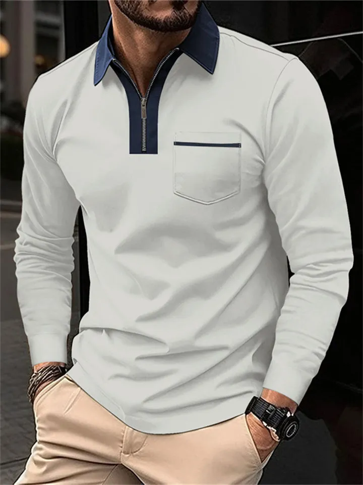 Men's Fall V Neck Long Sleeve Fitted Polo Shirt