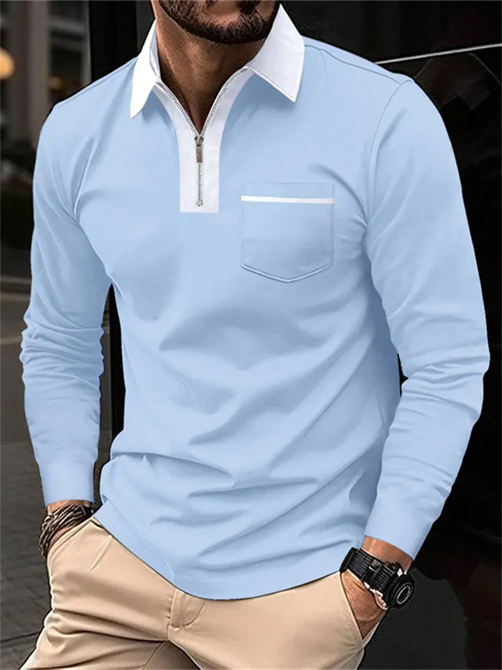 Men's Fall V Neck Long Sleeve Fitted Polo Shirt