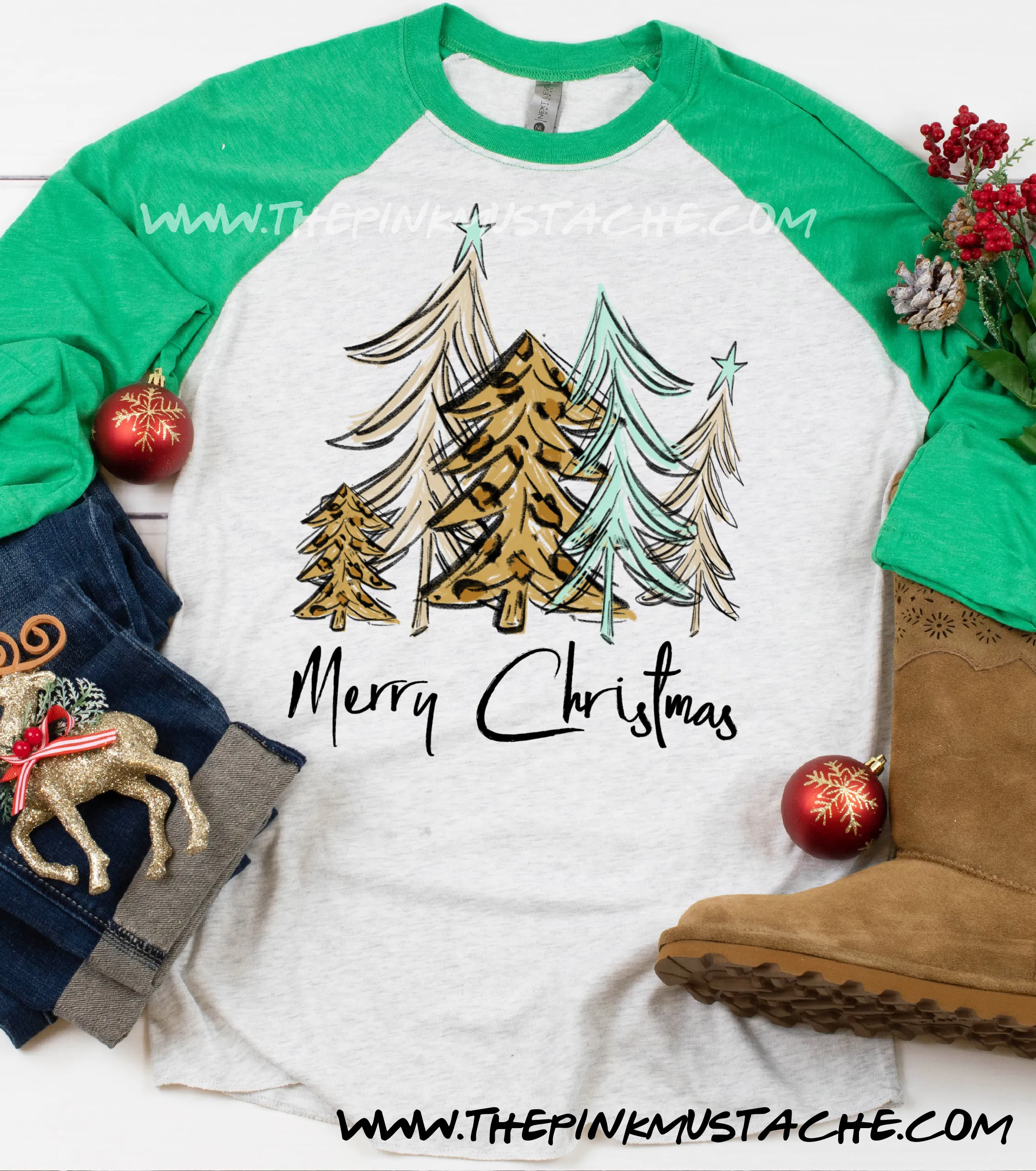 Merry Christmas Tree Print  Raglan / Youth and Adult sizing / Christmas T-Shirt
