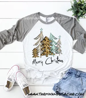 Merry Christmas Tree Print  Raglan / Youth and Adult sizing / Christmas T-Shirt