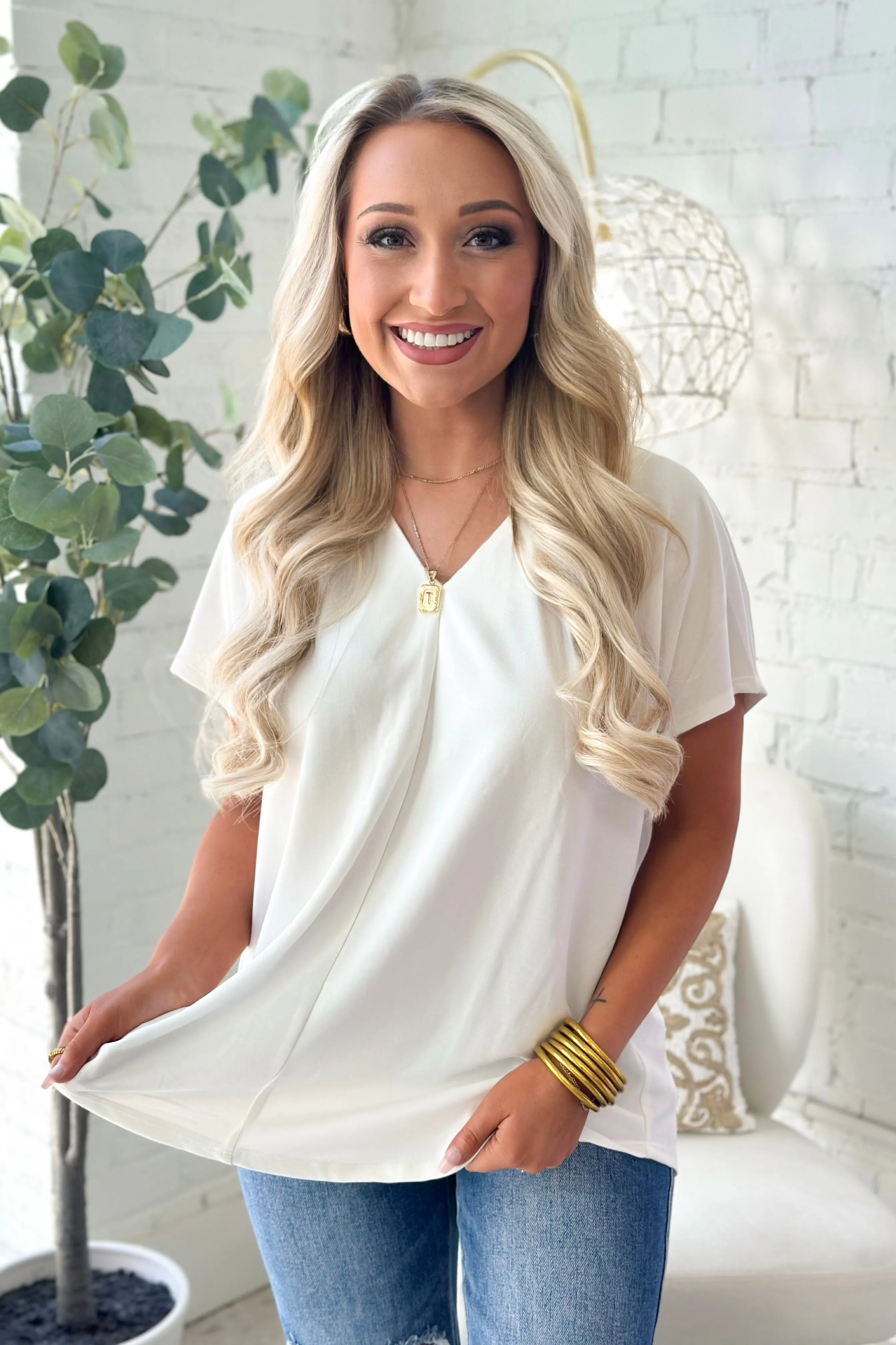 Off White V-Neck Dolman Short Sleeve Top