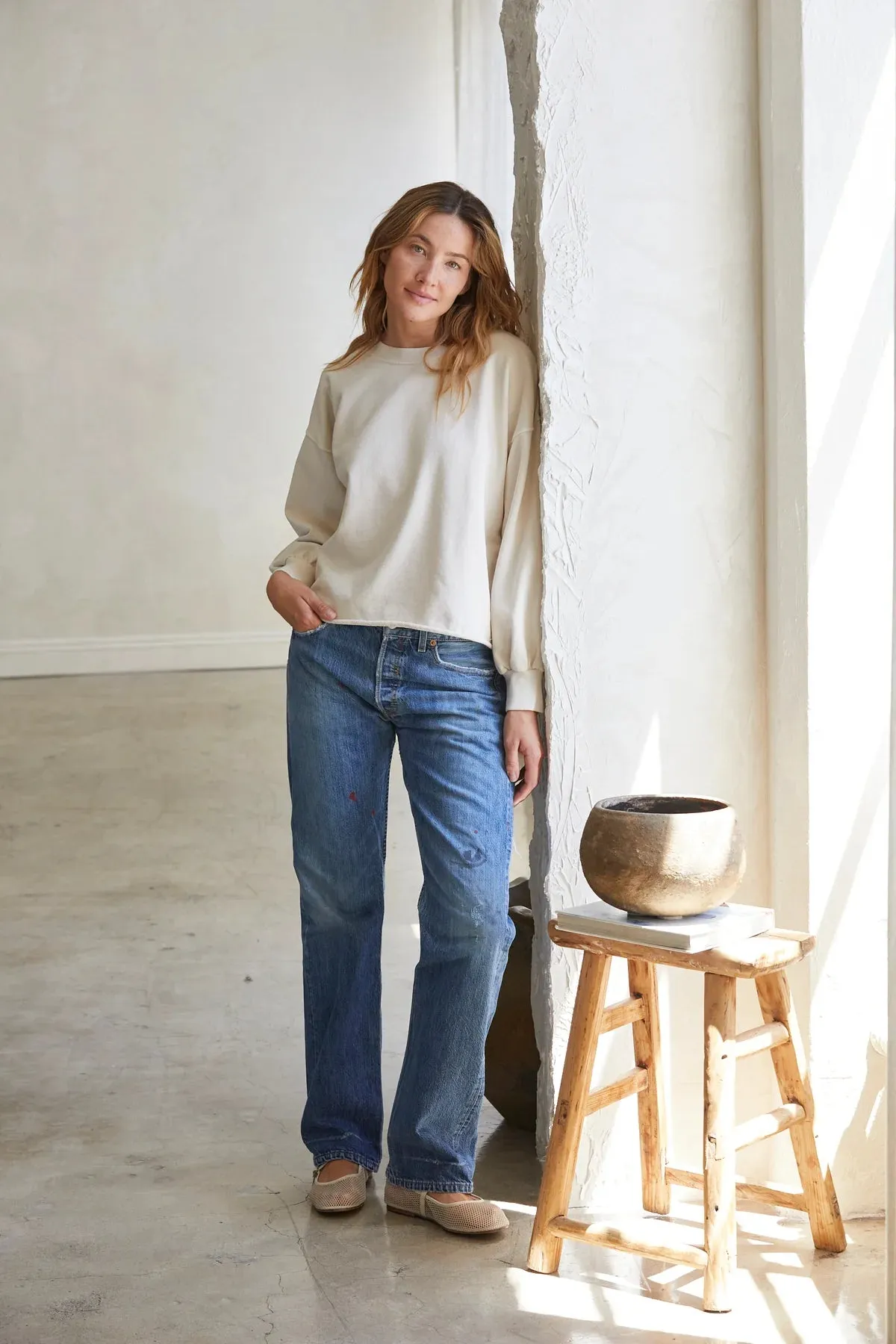 Perfect White Tee Zayne French Terry Long Sleeve Oversized Pullover Crew Sugar