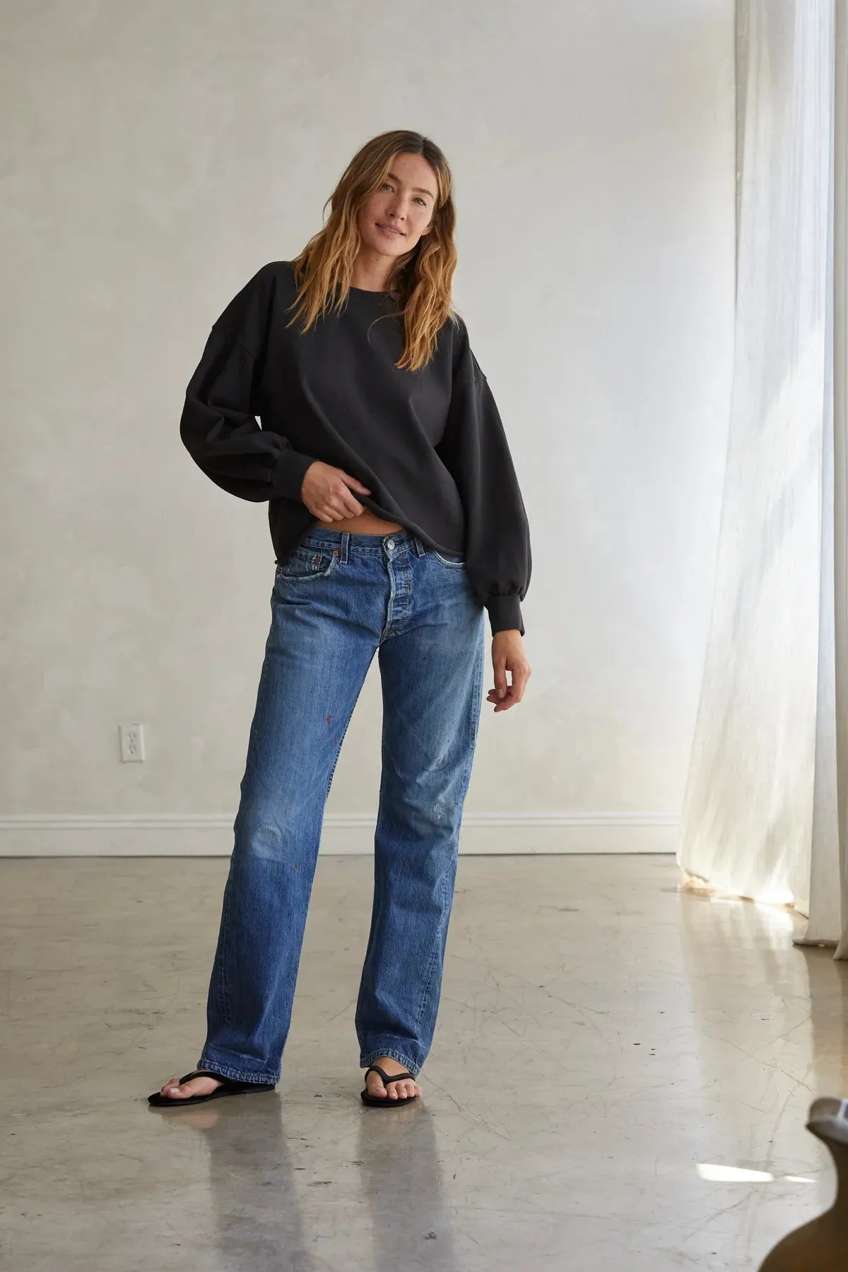 Perfect White Tee Zayne French Terry Long Sleeve Oversized Pullover Crew Vintage Black