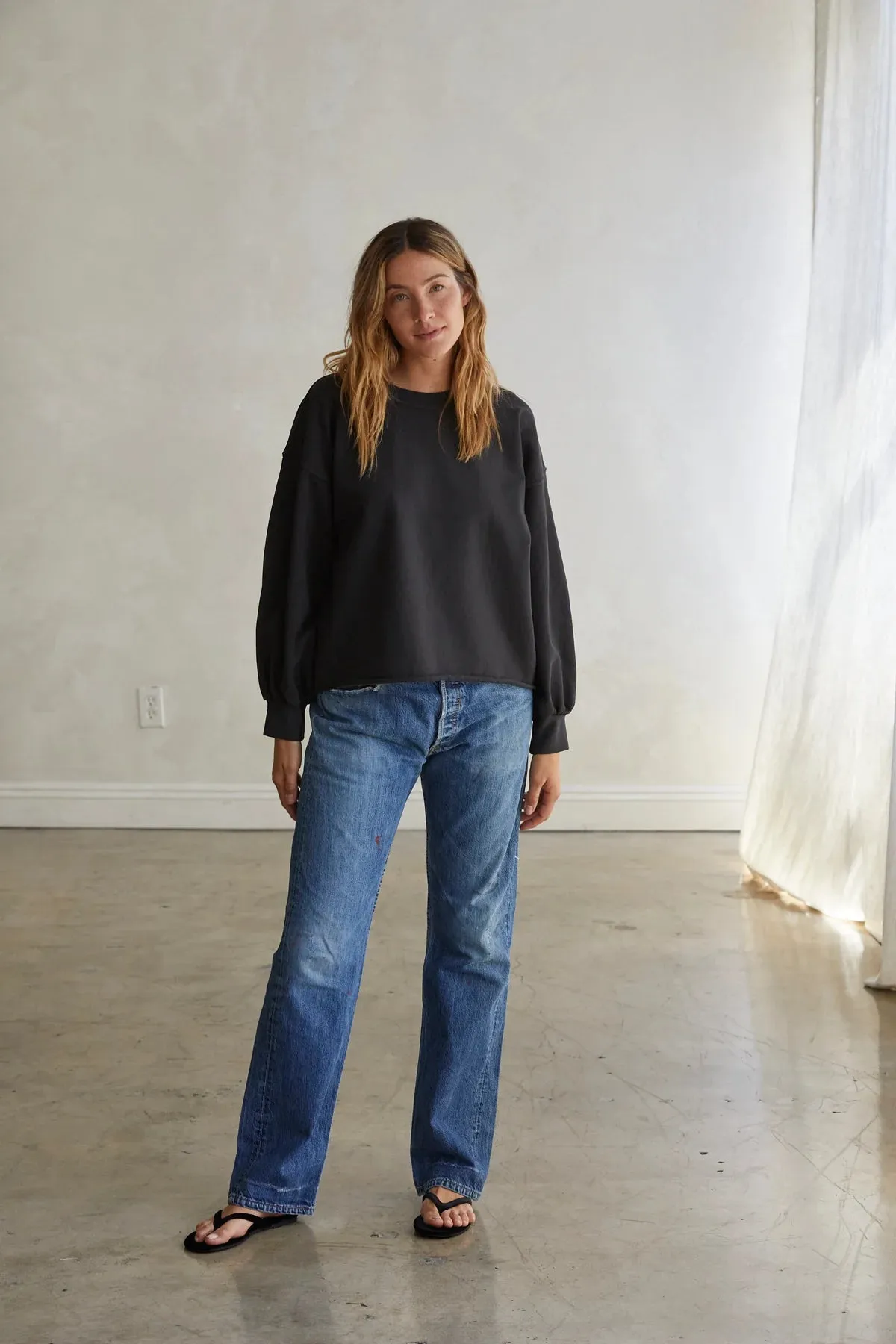 Perfect White Tee Zayne French Terry Long Sleeve Oversized Pullover Crew Vintage Black