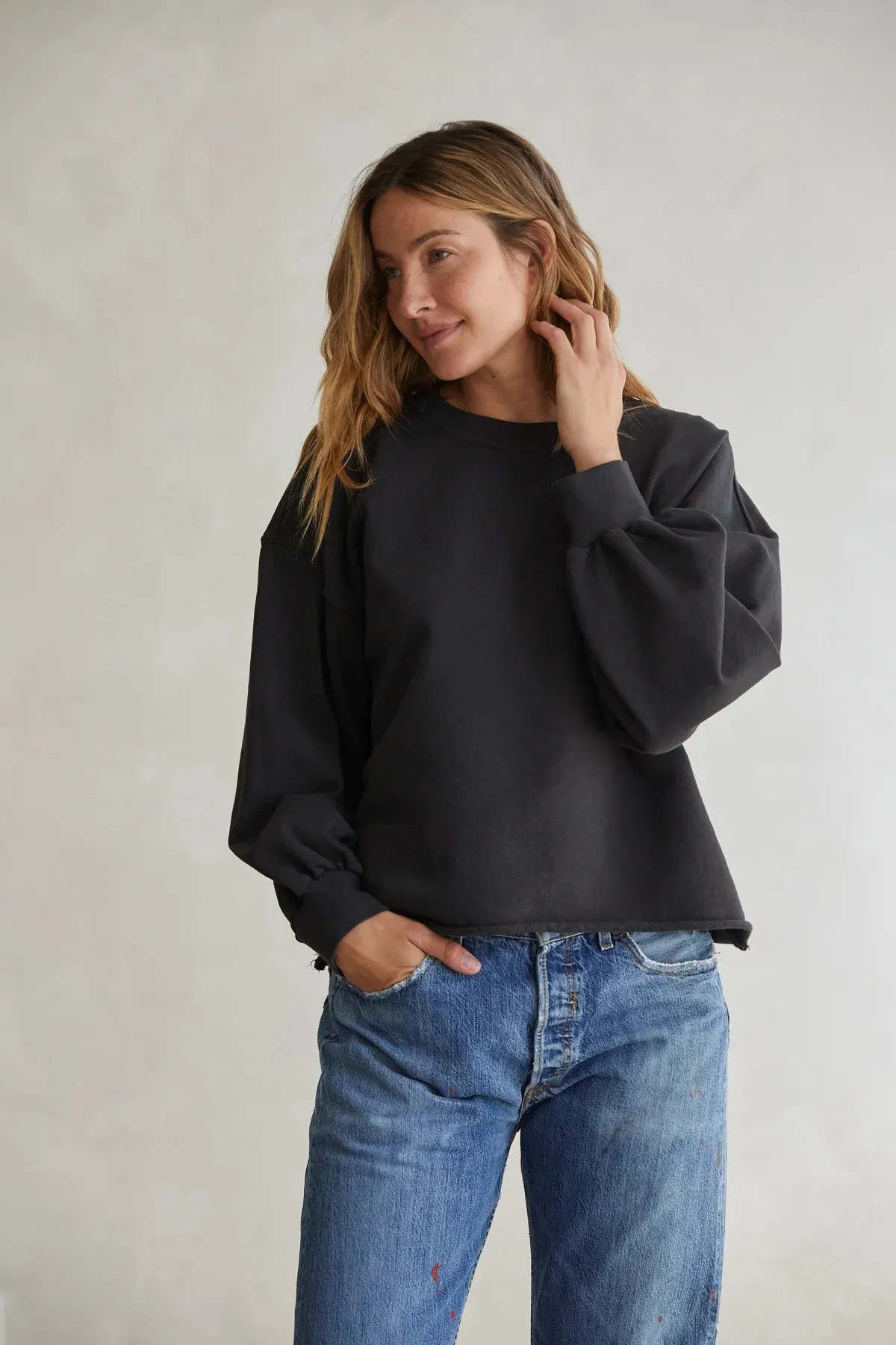 Perfect White Tee Zayne French Terry Long Sleeve Oversized Pullover Crew Vintage Black