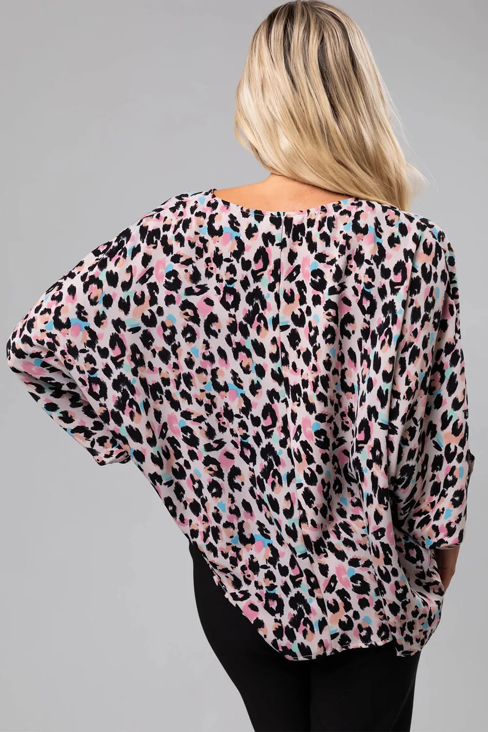 Pink Mixed Leopard Print V Neck Oversize Blouse