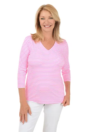 Pink Striped Classic UPF50  V-Neck Top