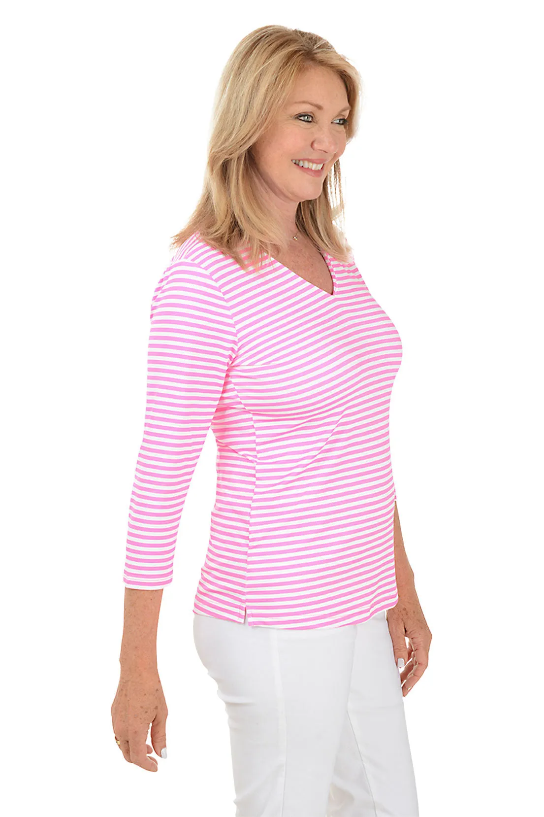 Pink Striped Classic UPF50  V-Neck Top