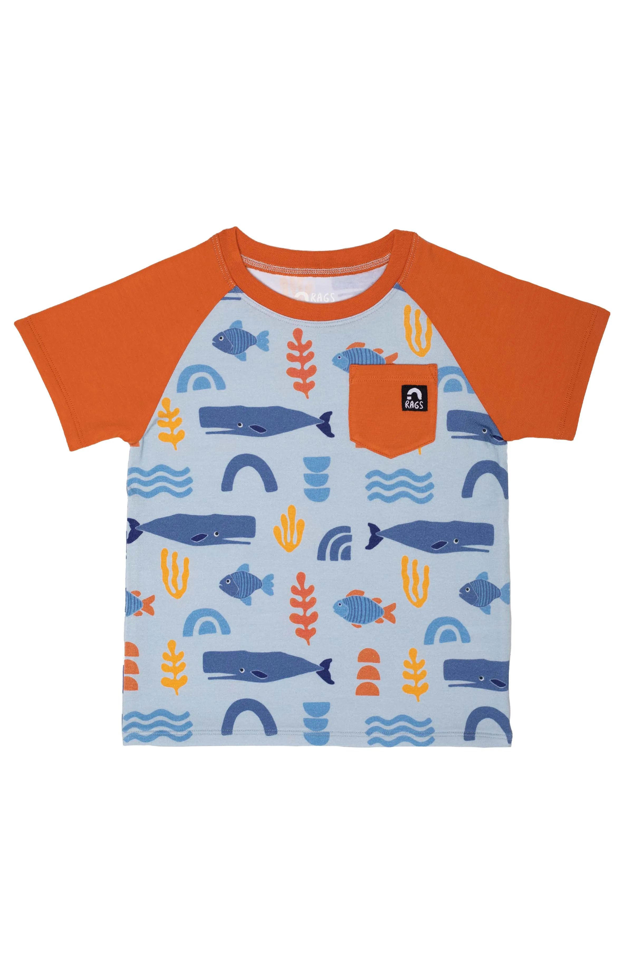 RAGS Short Raglan Sleeve Pocket Rounded Kids Tee - Abstract Ocean