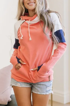 Red Double Hooded Color Block Thumbhole Sleeve Sweatshirt