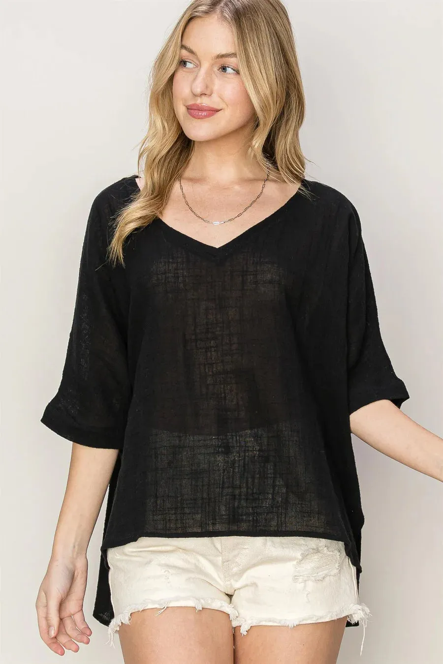 River Oversized V-Neck Top In Black