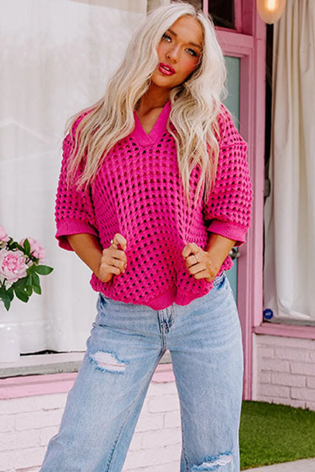 Rose Red Pointelle Knit Half Sleeve Collared V Neck Top