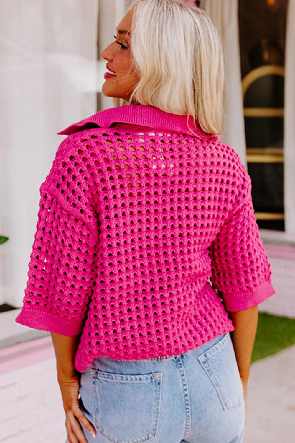 Rose Red Pointelle Knit Half Sleeve Collared V Neck Top