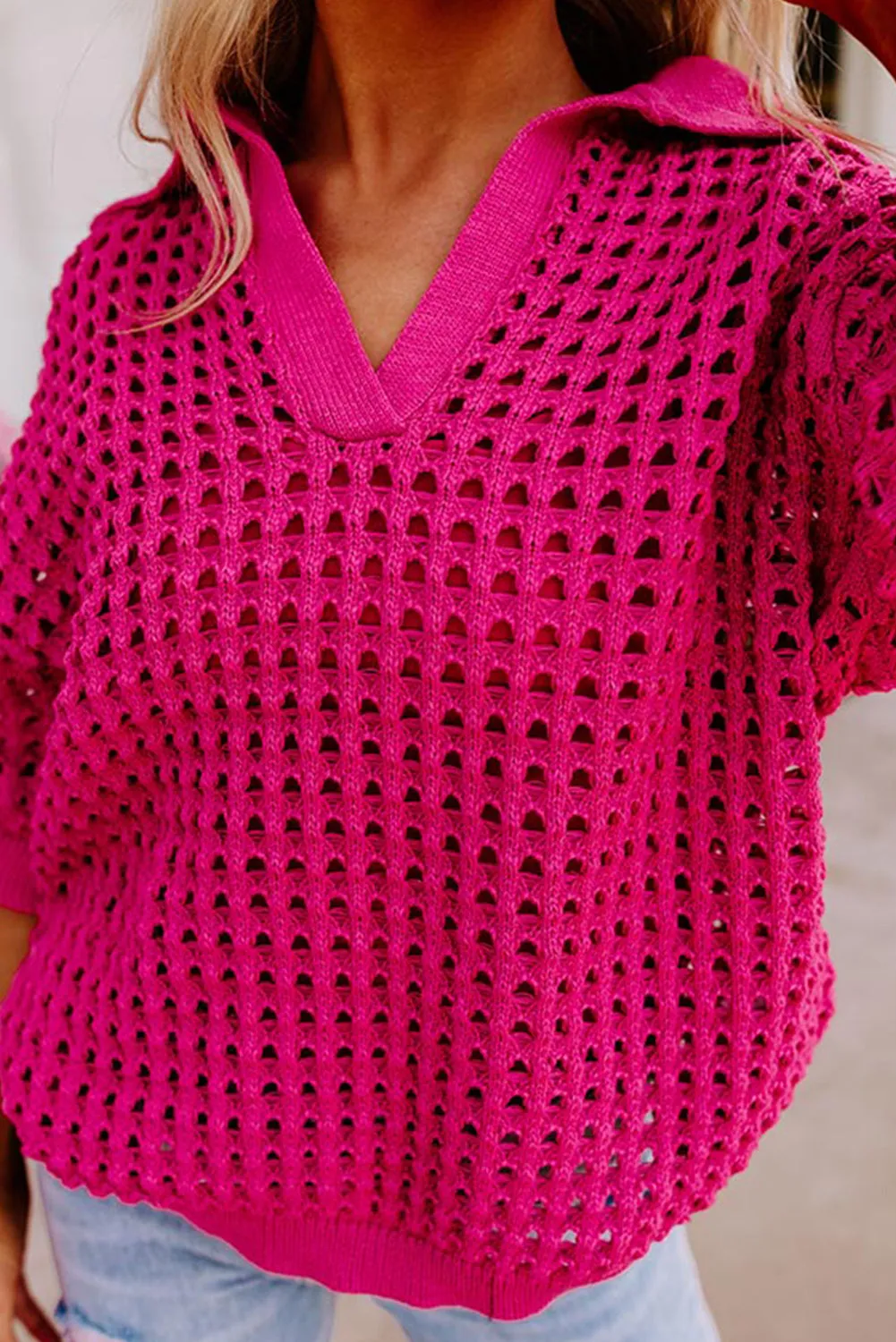 Rose Red Pointelle Knit Half Sleeve Collared V Neck Top