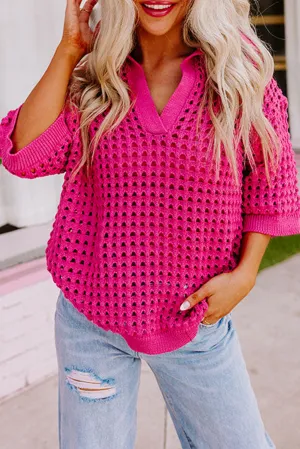 Rose Red Pointelle Knit Half Sleeve Collared V Neck Top