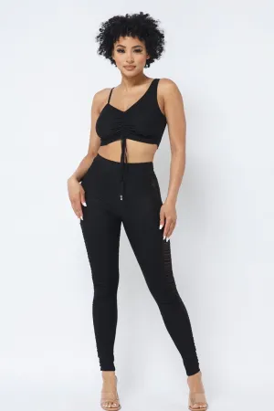 Ruched Crop Top & See Through Side of Leggings Pants Set