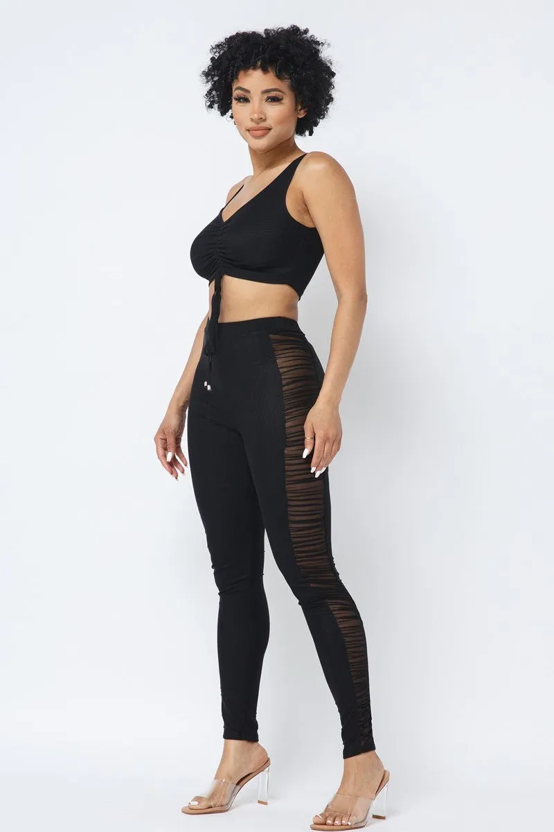 Ruched Crop Top & See Through Side of Leggings Pants Set