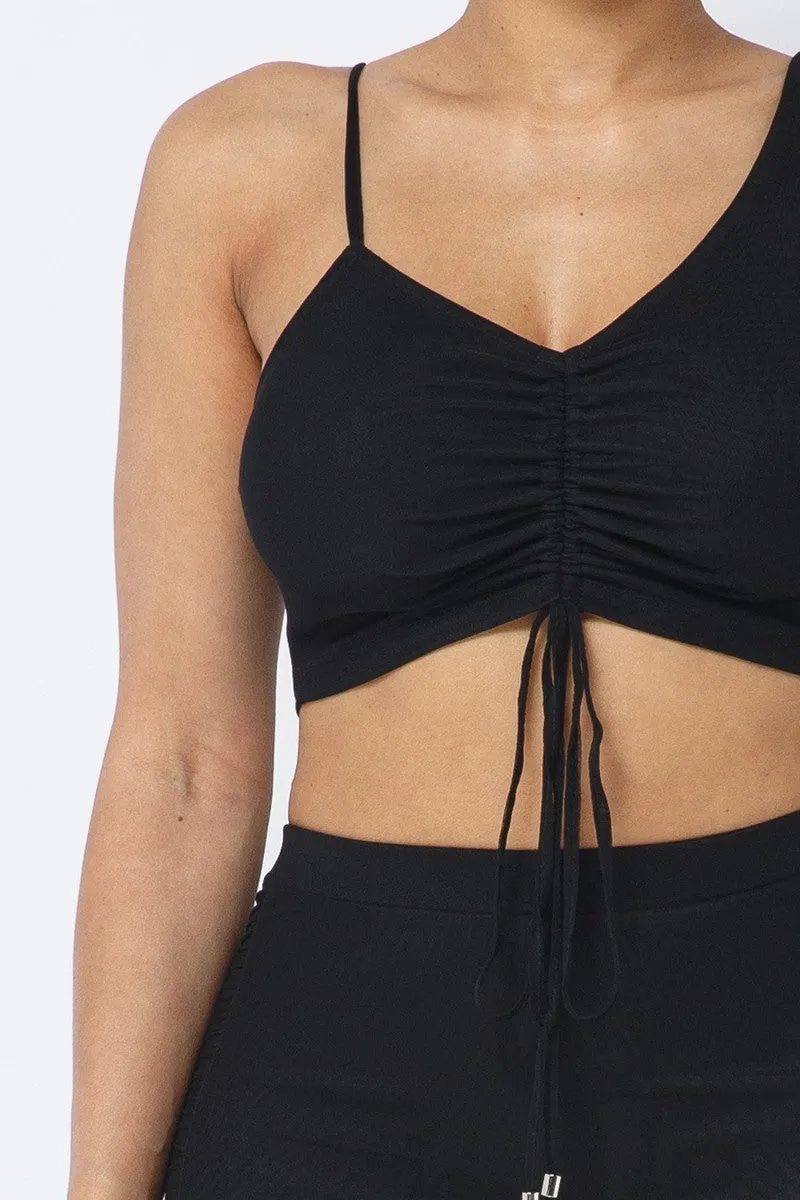Ruched Crop Top & See Through Side of Leggings Pants Set