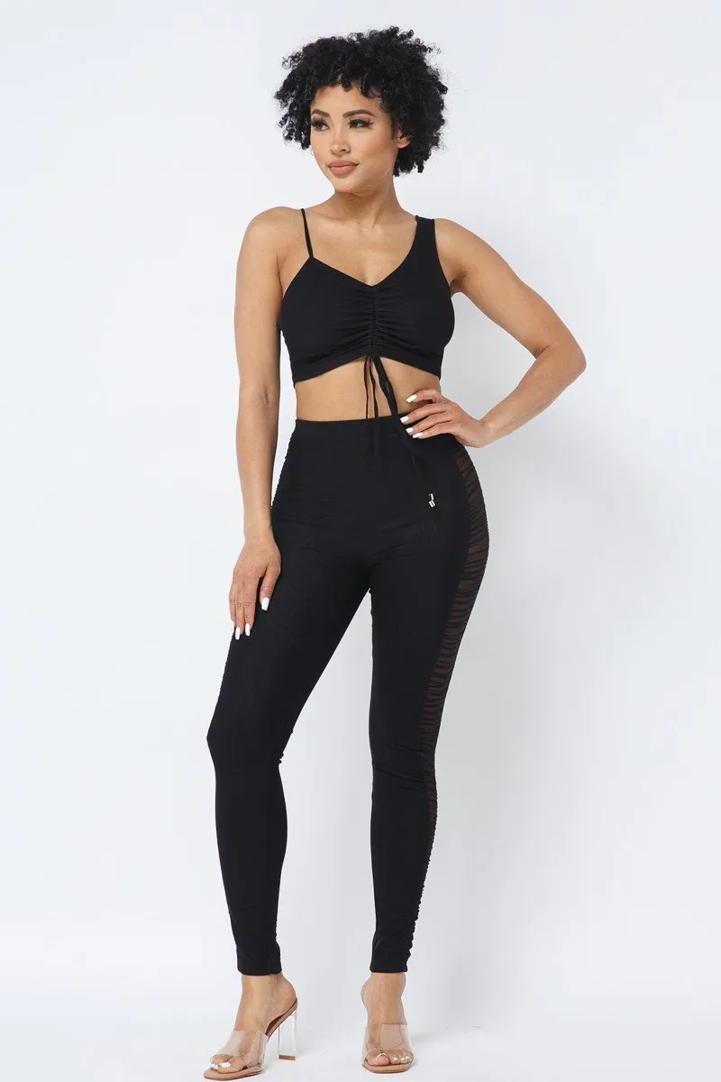 Ruched Crop Top & See Through Side of Leggings Pants Set