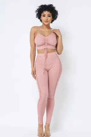 Ruched Crop Top & See Through Side of Leggings Pants Set