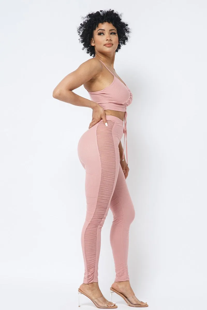 Ruched Crop Top & See Through Side of Leggings Pants Set